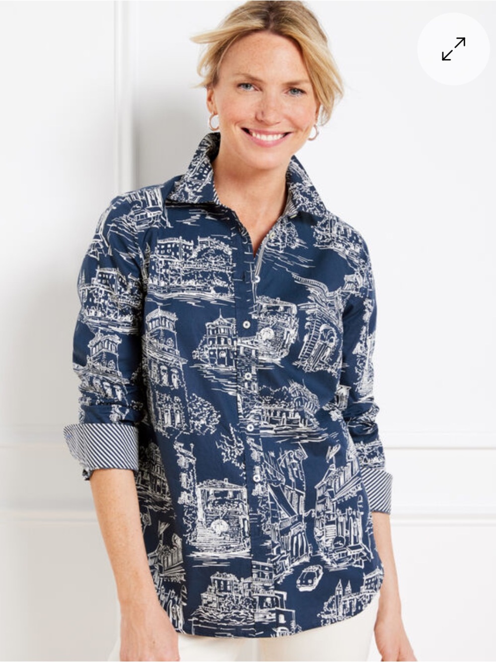 Talbots Navy and White Printed Button-Down Shirt with city scenes